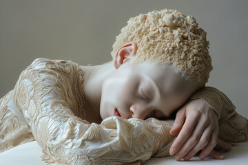 Portrait of an albino female sleeping on a table on her arms for an art exhibition. Albino woman with blond hair is peacefully sleeping wearing white dress with golden pattern.  - obrazy, fototapety, plakaty