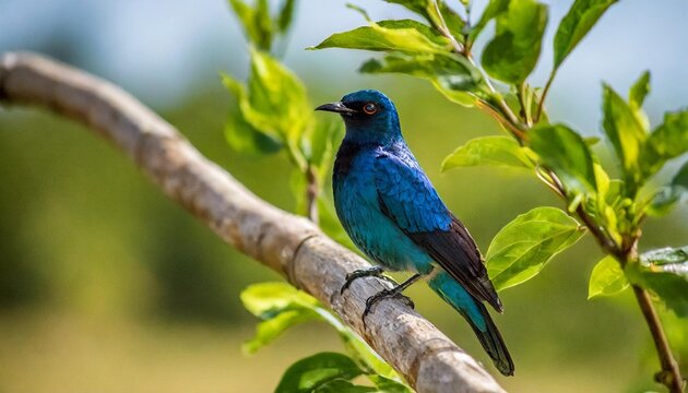 a migrant blue bird called black naped monarch sitting on a perch with background
