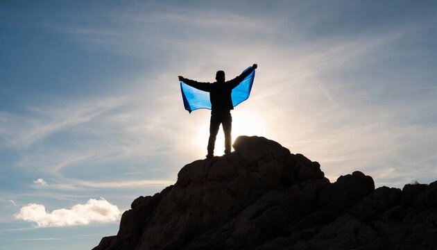 silhouette of man holding blue flag on top of mountain achievement and success concept