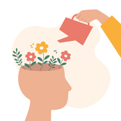 Mental health care, psychological therapy concept. Human hand with watering can irrigates blossom flowers inside head. clear mind