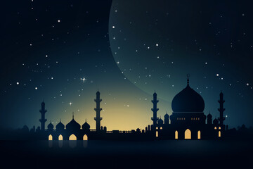 Nighttime silhouette of a mosque with crescent moon Generative AI