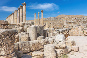 View of South Decumanus at  at ruins of  Jerash. Jordan. Horizontally. 