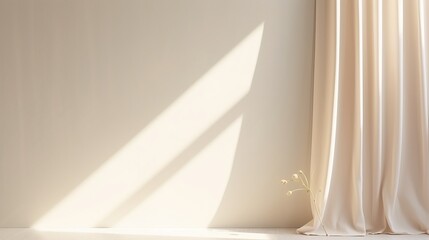 Soft glow: minimalistic abstract beige background for product presentation with subtle window curtain light and shadow