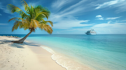 Cruise To Caribbean With Palm tree On Coral Beach.  generative ai
