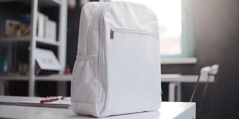 School template features white backpack on classroom table.