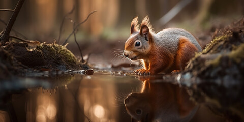 Obraz premium Cute Young Squirrel Over Puddle Of Water In Autumn Forest