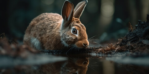 Fototapeta premium Big Wild Rabbit Drinks Water From The Creek In The Forest