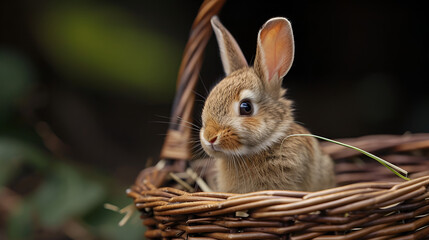  Curious baby bunny gazing from a basket. generative ai