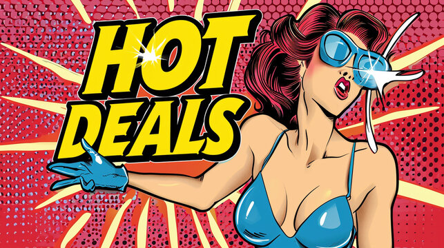 retro pop art style, Hot deal super sale abstract comic boom sale banner promotion, vivid colours, beautiful girl