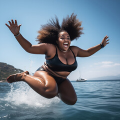 Plump woman jumping in sea