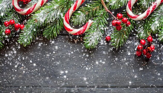 christmas background with tree branches candy cane and holly on black wooden background snowfall drawing effect horizontal banner top view copy space image