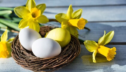 easter holiday celebration banner greeting card banner white yellow easter eggs in a bird nest basket and yellow daffodils flowers