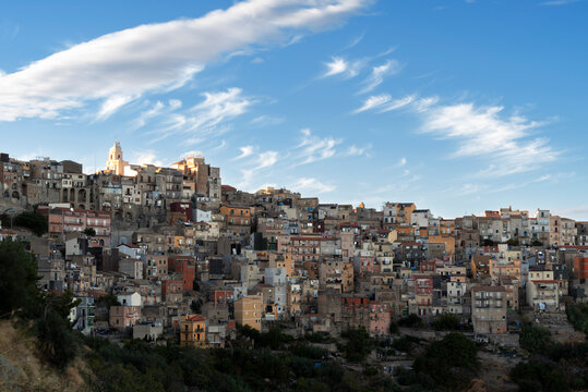 The old traditional village of Centuripe with the church on top of the hill in the afternoon, Centuripe, Enna province, Sicily, Mediterranean
