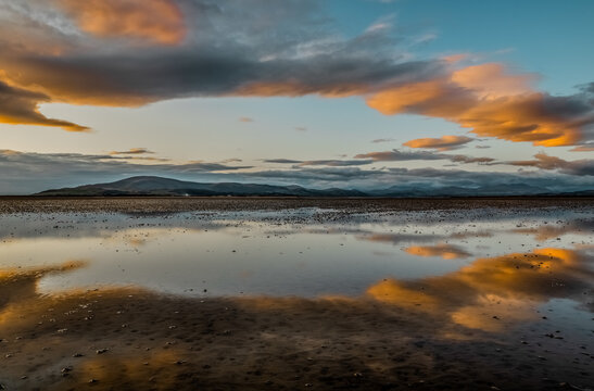 Reflections from Sandscale Haws Nature Reserve, with view across the Duddon Estuary towards Black Combe and the Lake District from the Cumbrian Coast, Cumbria, England