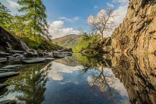 Reflections from Rydal Cave in the Lake District National Park, UNESCO World Heritage Site, Cumbria, England