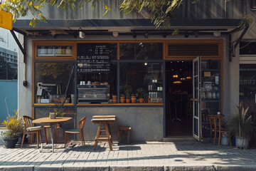 Local cafe exterior. Small business. Summer coffee shop without people. AI generated