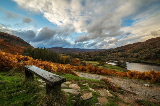 Autumn colours from Rydal Water in Lake District National Park, UNESCO World Heritage Site, Cumbria, England