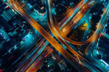 Fototapeta na wymiar Top view of car traffic transport on crossing multiple lanes highway or expressway in Asia city at night. 