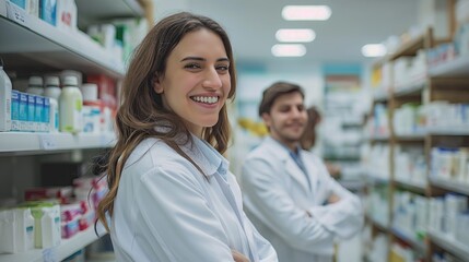 Smiling pharmacists working in pharmacy