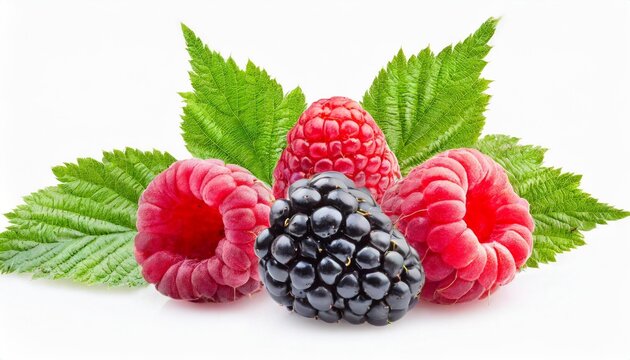 blackberries and raspberries with leaves isolated on white background background with clipping path