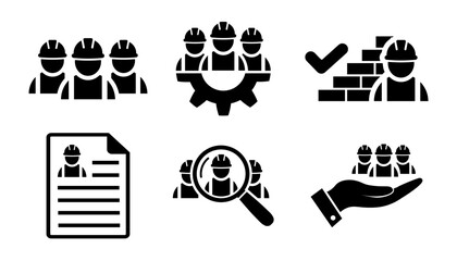 Good job of construction worker symbol. Building contractor icon set in flat. Search, resume, brick wall, check mark icons. Approved work Builders icons in black Vector illustration for graphic design