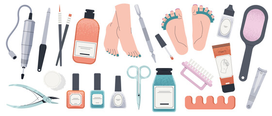 Pedicure tools. Manicure and pedicure set with nail cutter, nail polish brush, lotion and cream, feet wellness therapy in cartoon style. Vector flat set - obrazy, fototapety, plakaty