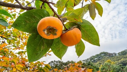 two ripe fruit of asian or japanese persimmon diospyros kaki cultivar ichi ki kei jiro and a fall leaf hanging on a tree isolated
