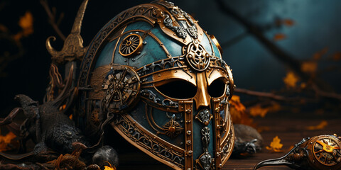  Mystical Glow: Steampunk Full Face Mask in Darkness A luminous helmet stands out on a black background making by steampunk mask full face mask.