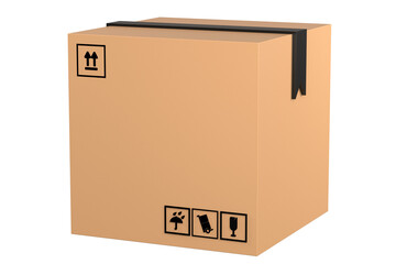 3D stack cardboard box or delivery box with Fragile or Package Label stickers icon isolated on white background transparent background. Logistics and Factory Concept. Minimal cartoon.3d rendering.