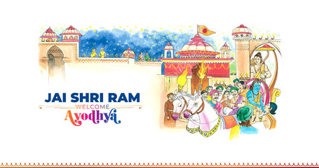 Jai Shri Ram welcome ayodhya temple poster design. Indian hindu god Lord Rama temple and Ram navami celebration. - obrazy, fototapety, plakaty