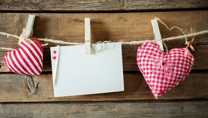 valentines day card pegged on to string against wood plank background
