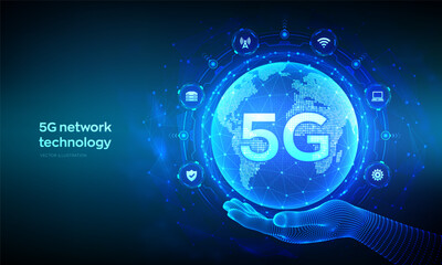 5G network wireless systems and internet of things technology concept. Smart city communication network. 5G wireless mobile internet wifi connection. Earth planet globe in hand. Vector Illustration.