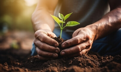 Hands of senior man holding green seedling growing in fertile soil Farmer hands planting seeds in soil. Gardening and agriculture concept Planting a seedling Closeup of male hands in glovers hold.