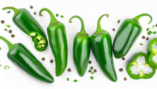 Jalapeno Peppers Isolated On White Background Green Chili Pepper Top View With Copy Space For Your Text Flat Lay