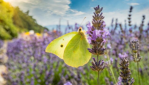 beautiful yellow gonepteryx rhamni or common brimstone butterfly on a purple lavender flower