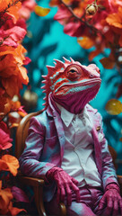 A chameleon in a suit. High adaptability. A lizard character. A concept of a person quickly adapts to circumstances