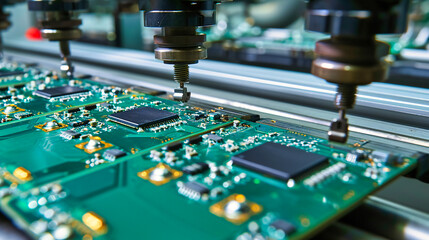 Electronics Circuit Board: Close-up of an electronics circuit board with components, representing industrial technology and connectivity - obrazy, fototapety, plakaty