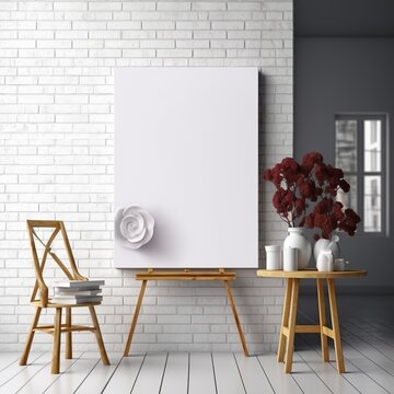 White canvas for mockup in a minimalist  interior room with a Blurred brick wall in the background