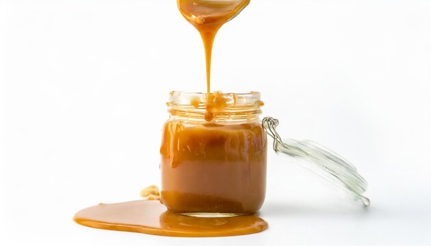 isolated dripping caramel into a jar below