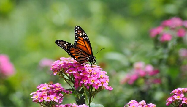 lovely monarch butterflies on pink flowers in a fairy garden summer spring background