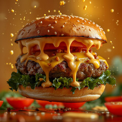 Delicious burger with melting cheese hoovering with defocussed background