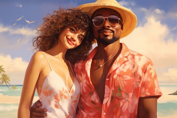 Illustration of happy young couple afroamerican man with asian woman in colorful clothes on sunny tropical beach
