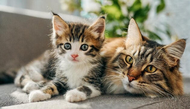 a small cute kitten of the kuril bobtail breed with a cat mom the cat with kittens lies on the sofa selective focus
