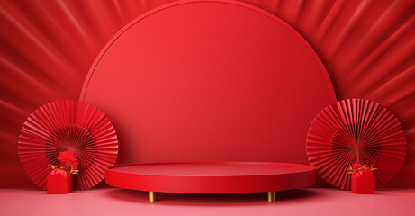 Chinese Inspired 3d Rendering Vibrant Red Round Podium With Traditional Paper Fan Backdrop Background