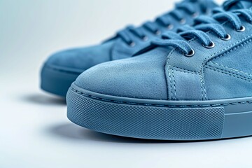 Close up of elegant light blue sports shoes in natural nubuck leather for adult men photographed on a white background. Fashion accessories. - obrazy, fototapety, plakaty