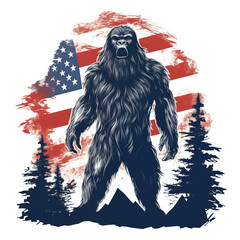 American bigfoot cryptid t-shirt graphic with a sasquatch and USA flag patriot theme design. Print on demand png graphic with transparent background. - obrazy, fototapety, plakaty