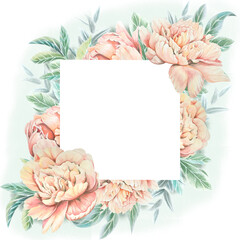 floral frame, PNG, watercolor peonies hand drawing, postcard frame