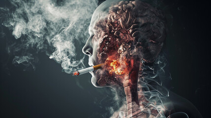 Illustration of a thought-provoking visual concept for No Tobacco Day, highlighting the harmful effects of cigarettes on the lungs and body. An image of a real cigarette interacting with the interbody - obrazy, fototapety, plakaty