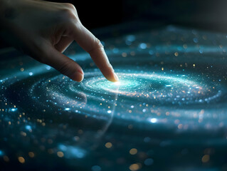 Modern technology screen computer. Hand touching the hologram display. Blue color palette. High quality