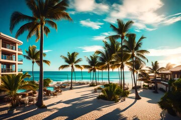 Fototapeta na wymiar Palm trees on the beach of the sea at sunny day.